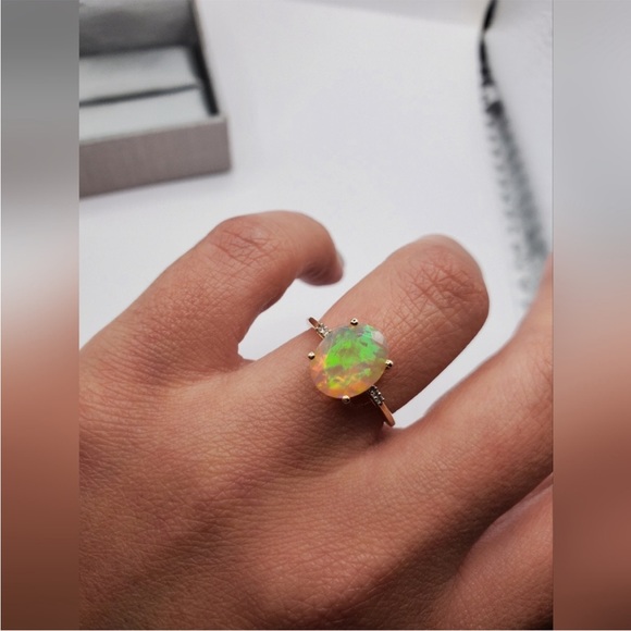 10k Solid Yellow Gold 2.50 Carat Ethiopian Faceted Oval Opal & Diamond Ring - Picture 5 of 8